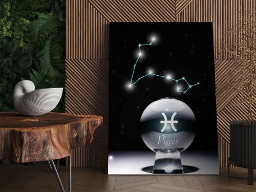 crystal ball with Pisces zodiac sign isolated on black with constellation