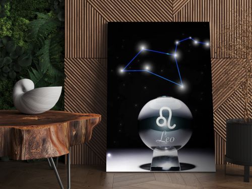 crystal ball with Leo zodiac sign isolated on black with constellation