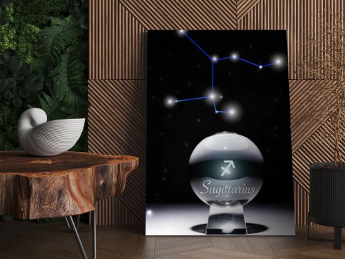 crystal ball with Sagittarius zodiac sign isolated on black with constellation