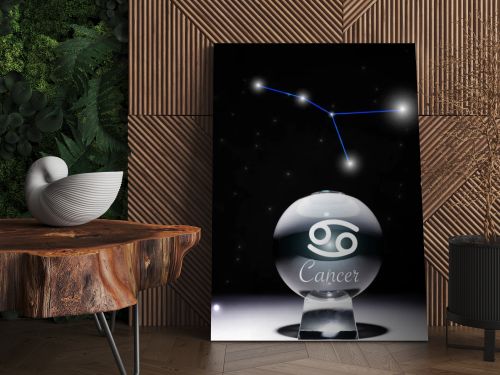 crystal ball with Cancer zodiac sign isolated on black with constellation