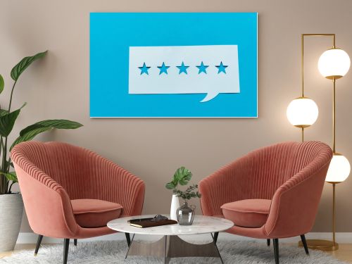 top view of white speech bubble with stars isolated on blue 