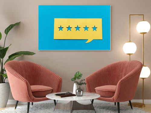 top view of yellow speech bubble with stars isolated on blue 