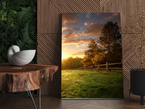 Picturesque landscape, fenced ranch at sunrise