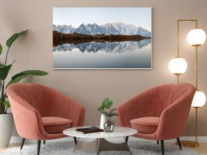 Picturesque panorama of Chesery lake (Lac De Cheserys) and snowy Monte Bianco mountains range on background, Chamonix, France Alps