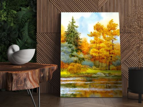 Watercolor landscape. Autumnal forest on the lake