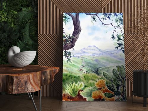 Landscape with hills far away and oak tree as a frame. Big prickly pear cactus closeup in the foreground against the background with bushes and a slope. Hand drawn watercolors on paper textures. Raster bitmap image