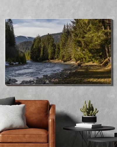River and spruce forest with mountains at background, banner 