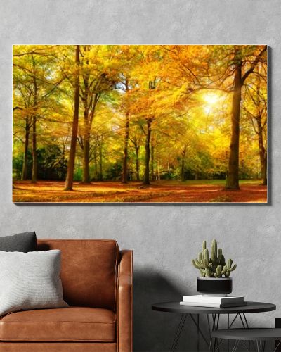 Gorgeous autumn panorama of a sunny forest