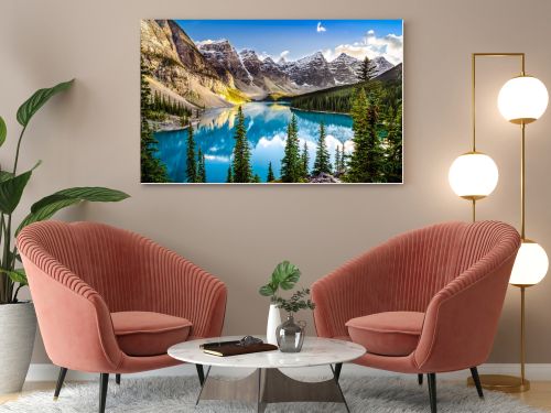 Landscape sunset view of Morain lake and mountain range