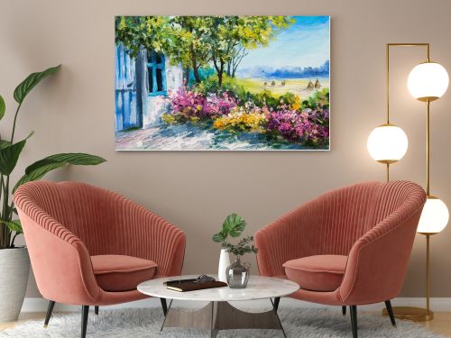 oil painting landscape - garden near the house, colorful flowers, summer forest