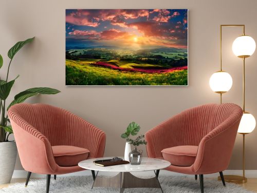 A peaceful meadow atop a hill, aglow with the warm colors of a sunset. Tall grasses, wildflowers, and rolling hills surround the scene, creating a serene and picturesque countryside ambiance.