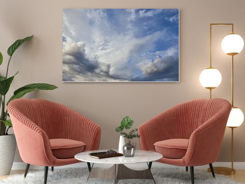 view of grey and white clouds on blue sky background 