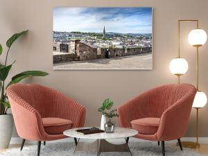 Londonderry, Northern Ireland: Skyline of Derry with St. Eugene's Cathedral near Free Derry Corner, city wall. horizon and blue sky