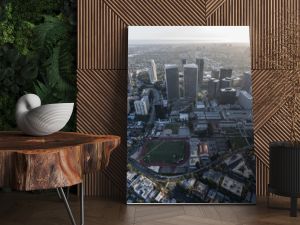 Afternoon aerial view of Century City buildings and streets in Los Angeles, California.  