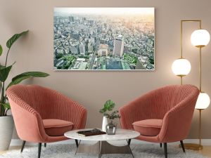 Business concept for real estate and corporate construction : panoramic modern city bird eye view with dramatic sunrise and morning blue sky from 101 building in Taipei, Taiwan