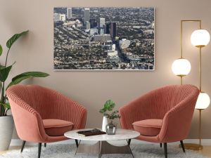 Aerial view of Wilshire Blvd Miracle Mile neighborhood in Los Angeles, California.