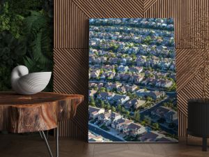 Aerial view of modern residential streets in the San Fernando Valley region of Los Angeles, California.