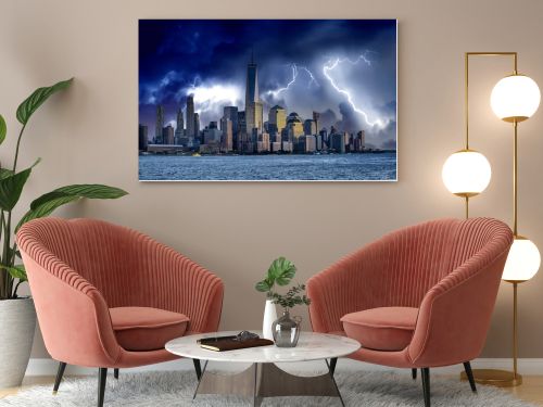 Downtown Manhattan skyline under a coming storm, New York City - USA.