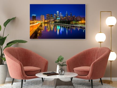 The Philadelphia skyline and Schuylkill River at night, seen fro