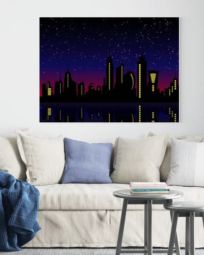 Night City Skyline. Cityscape Background, Beautiful night sky with stars over city buildings vector illustration 