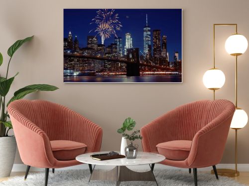 Fireworks over New York City skyline and Brooklyn Bridge