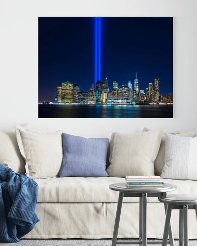 Clear view from Brooklyn of 911 memorial tribute light in Manhattan, New York City