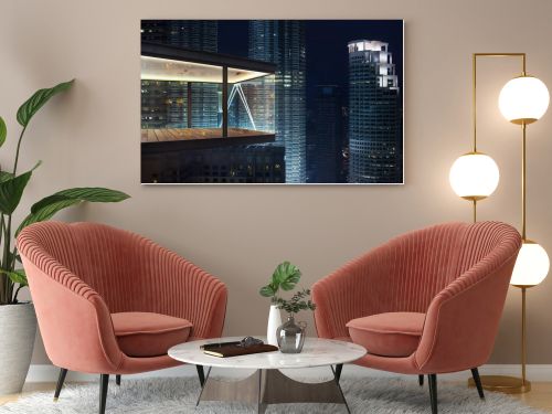Modern sky office by night with beautiful city skyline view .