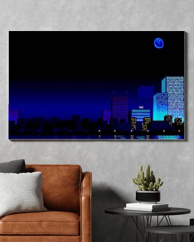 Futuristic night city. Downtown, digital cityscape with skyscrapers. Retrowave 80s-90s aesthetics. Pixel art game location. Old style video game. Copy space