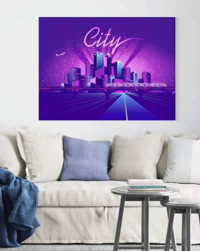 vector illustration neon colored city at night in electric lights road in depth