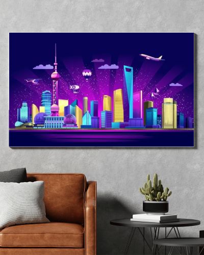 Vector horizontal illustration of the embankment of the night Chinese city Shanghai in neon glow with skyscrapers houses buildings in the sky plane, helicopter and airship, banner