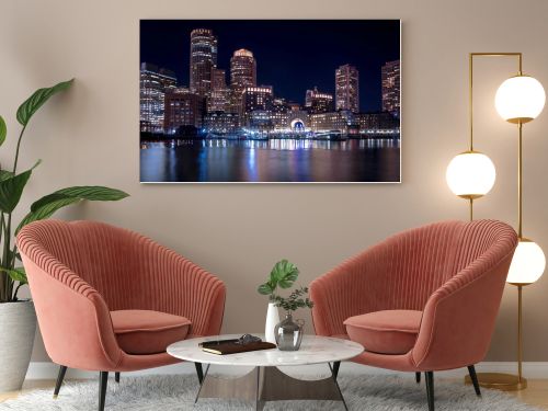 Boston Harbor and Financial District skyline at night - Boston, 