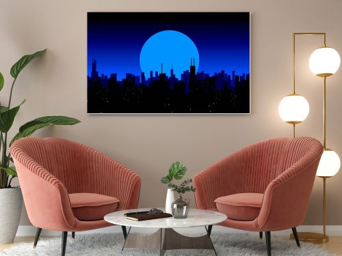 Moon rising over a city. Night City Skyline. Cityscape Background, Beautiful night sky with stars over city buildings. Best wallpaper. Blue sky.