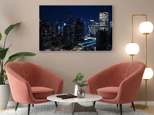 Aerial and panorama view of skyscrapers of  New York City, Manhattan.  Top view of night midtown of Manhattan