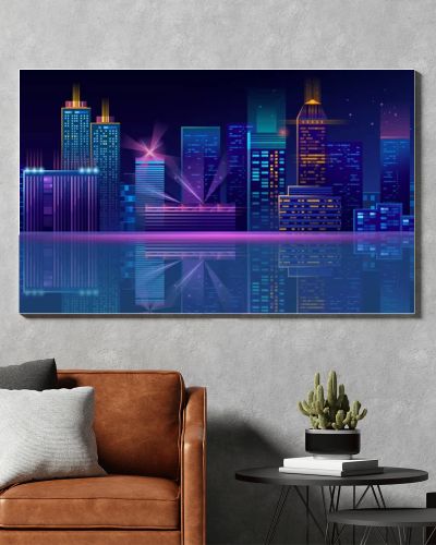 Vector neon megapolis background with buildings, skyscrapers