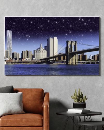 Starry Night over Brooklyn Bridge in New York City
