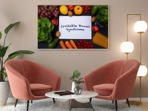 Płaska makieta białej kartki z tekstem jelito drażliwe otoczone warzywami i owocami zdrowej diety i odżywianie