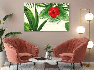 Tropical leaves seamless hibiscus white background