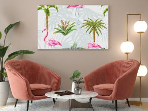 Flamingo palm trees cactus seamless grey background with leaves