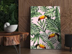 green jungle with toucan pink background