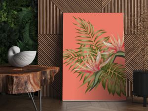 Tropical flowers strelizia and palm leaves composition