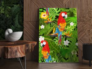 Wzór z egzotycznymi liśćmi tropikalnymi, kwiatami i ilustracją papugi