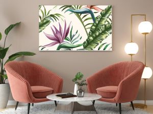 Piękne wielobarwne egzotyczne tropikalne kwiaty strelitzia i zielona palma bananowa pozostawia bezszwowy wektor wzór na białych półdupkach