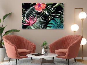 Piękne egzotyczne rośliny tropikalne i rajskie ptaki hibiskusa kwiaty bez szwu wektor wzór na czarnym tle