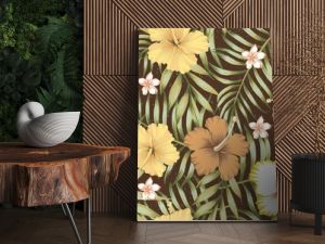 tropical leaves hibiscus frangipani seamless brown background