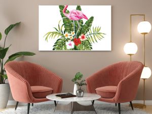 Composition of pink flamingo tropical leaves and flowers white background