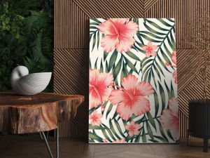 hibiscus pink palm leaves dark green pattern