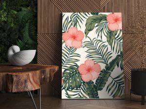 Tropical leaves and hibiscus abstract colors seamless white background