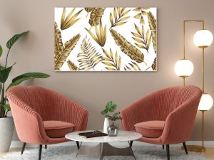 Gold tropical leaves seamless white background