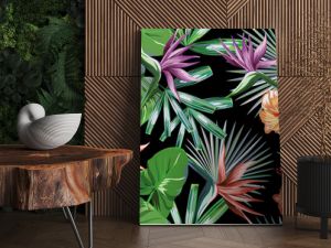 Bezszwowy, żywy egzotyczny wzór z liśćmi bananowca tropikalnego i kwiatem hibiskusa strelicji rajskiego ptaka na czarnym tle