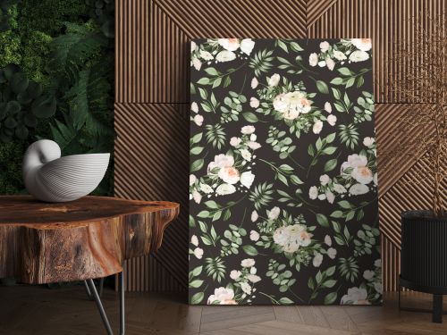 Seamless pattern of white flower bouquets and greenery, illustration on dark background